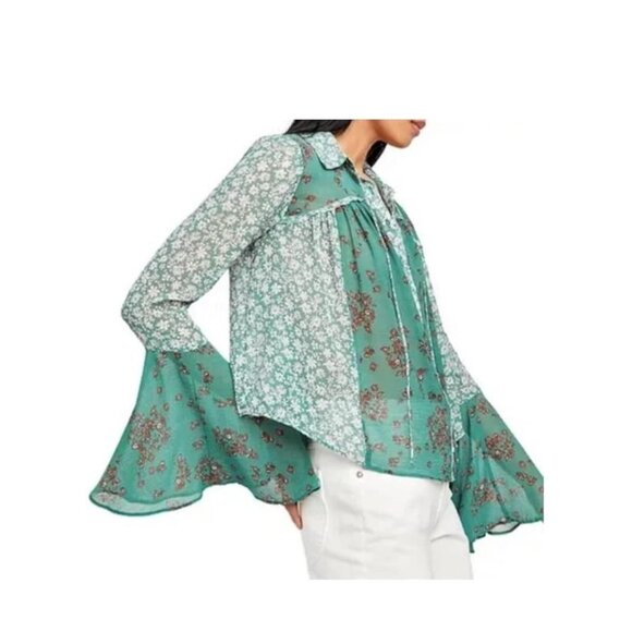 Free People NWT XS Floral Sheer Green Boho Blouse Emerald Combo - Picture 8 of 8